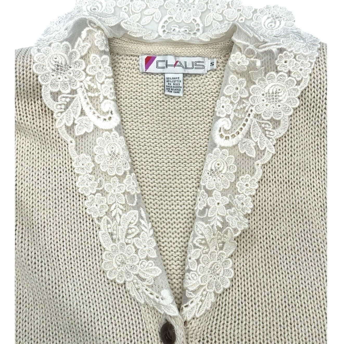 Chaus Vintage Ivory Cream Cardigan Sweater with Embroidered Floral Collar-Small - Thumbnail 7