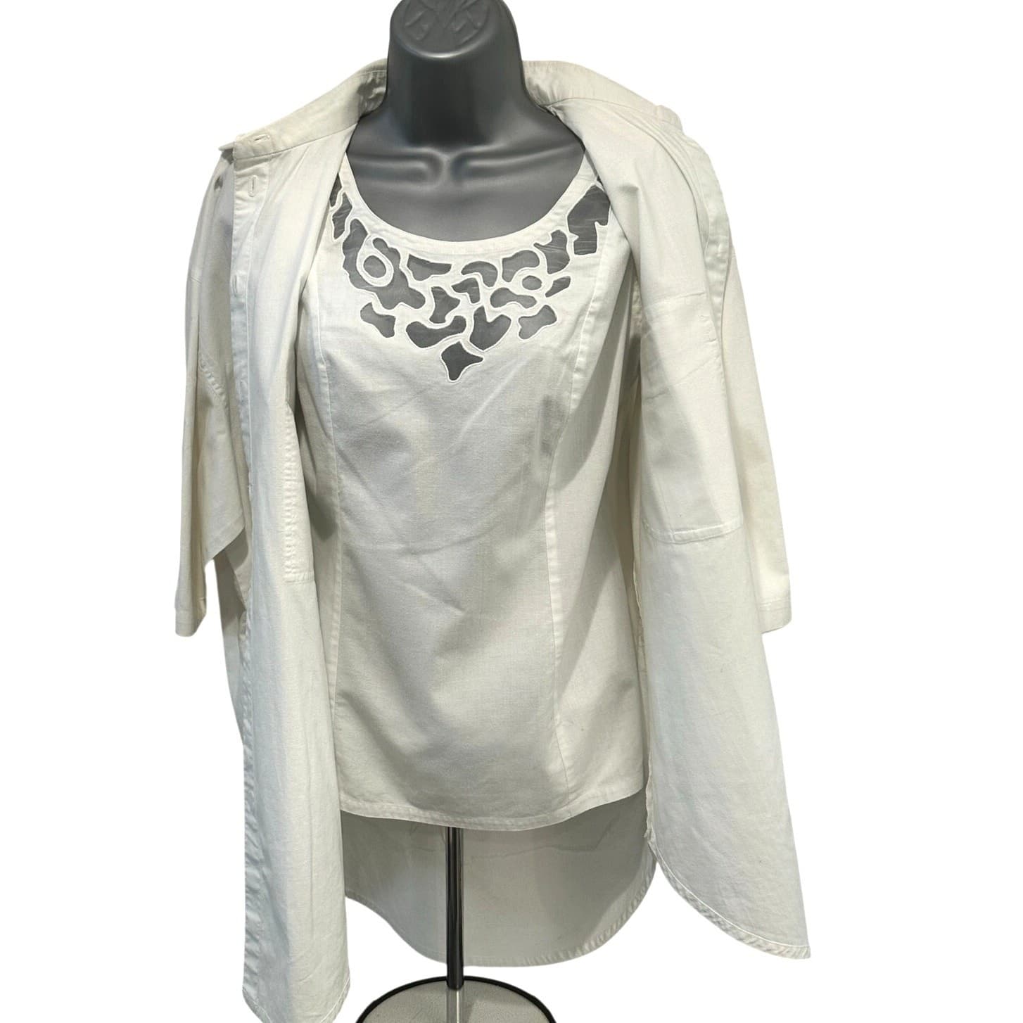 KSA Philippines Ivory Cream Cotton Camisole Sheer Cut Outs Matching Overshirt-M - Thumbnail 5