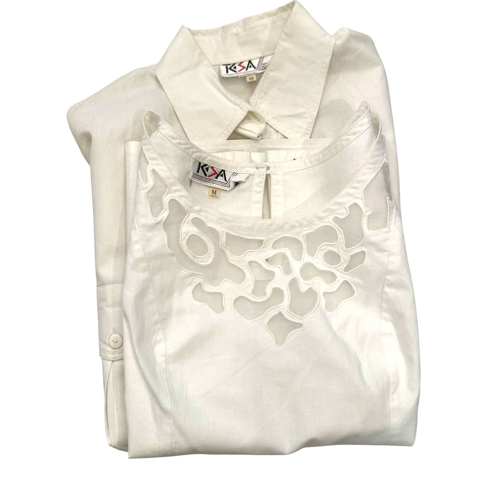 KSA Philippines Ivory Cream Cotton Camisole Sheer Cut Outs Matching Overshirt-M - Thumbnail 12