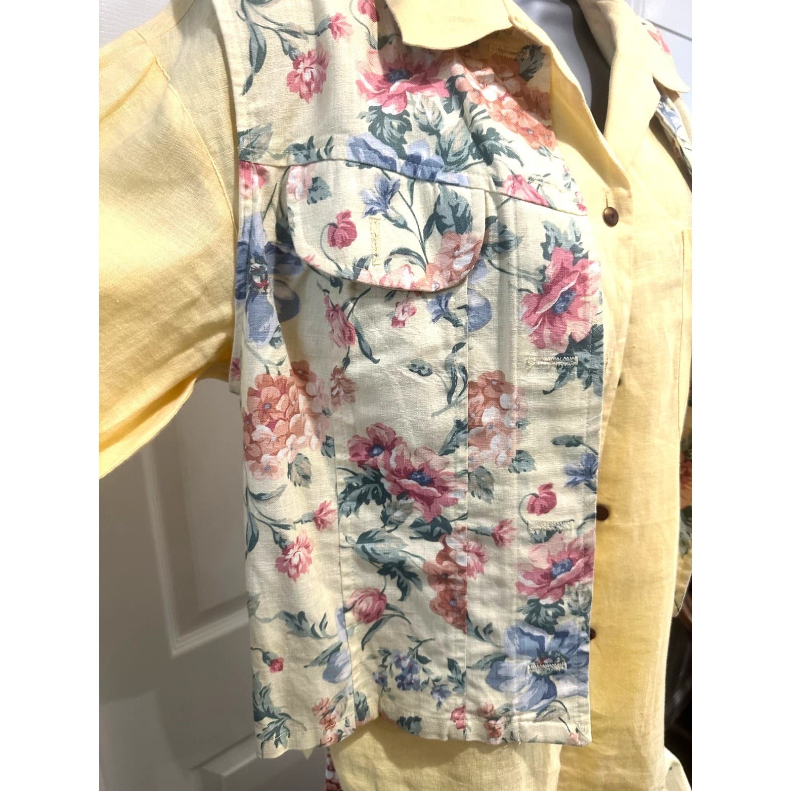 Carroll Reed/Bushwacker USA Vintage Linen Soft Yellow Floral Skirt Blouse Vest-8 - Thumbnail 6