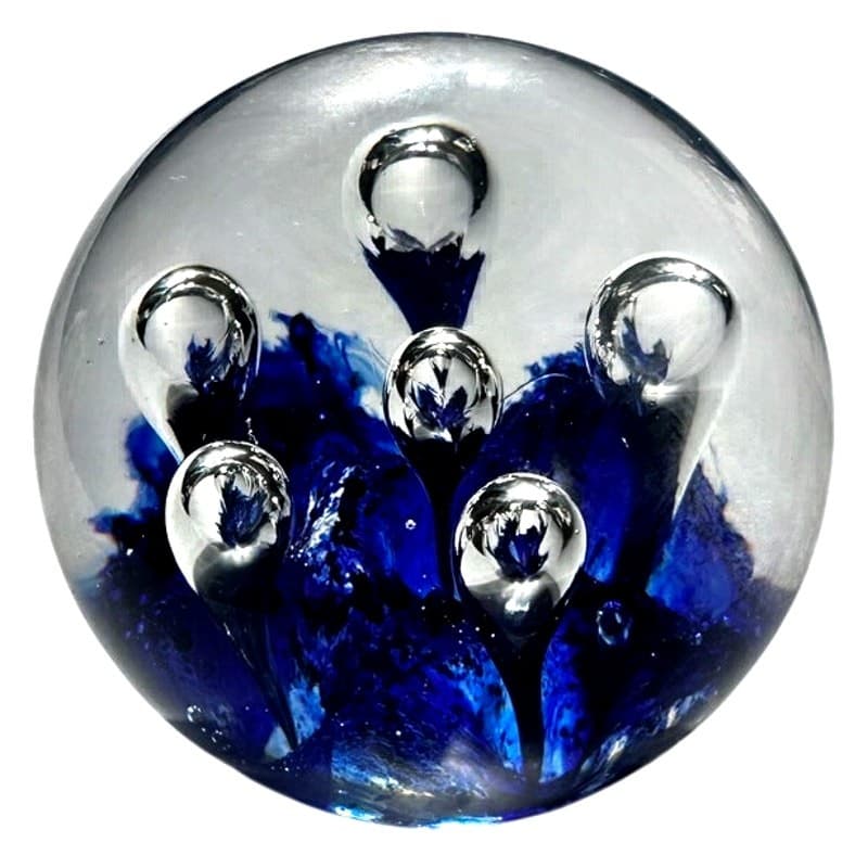 Murano Style Art Glass Paperweight Cobalt Blue Clear Glass Large Bubbles Decor - Thumbnail 4