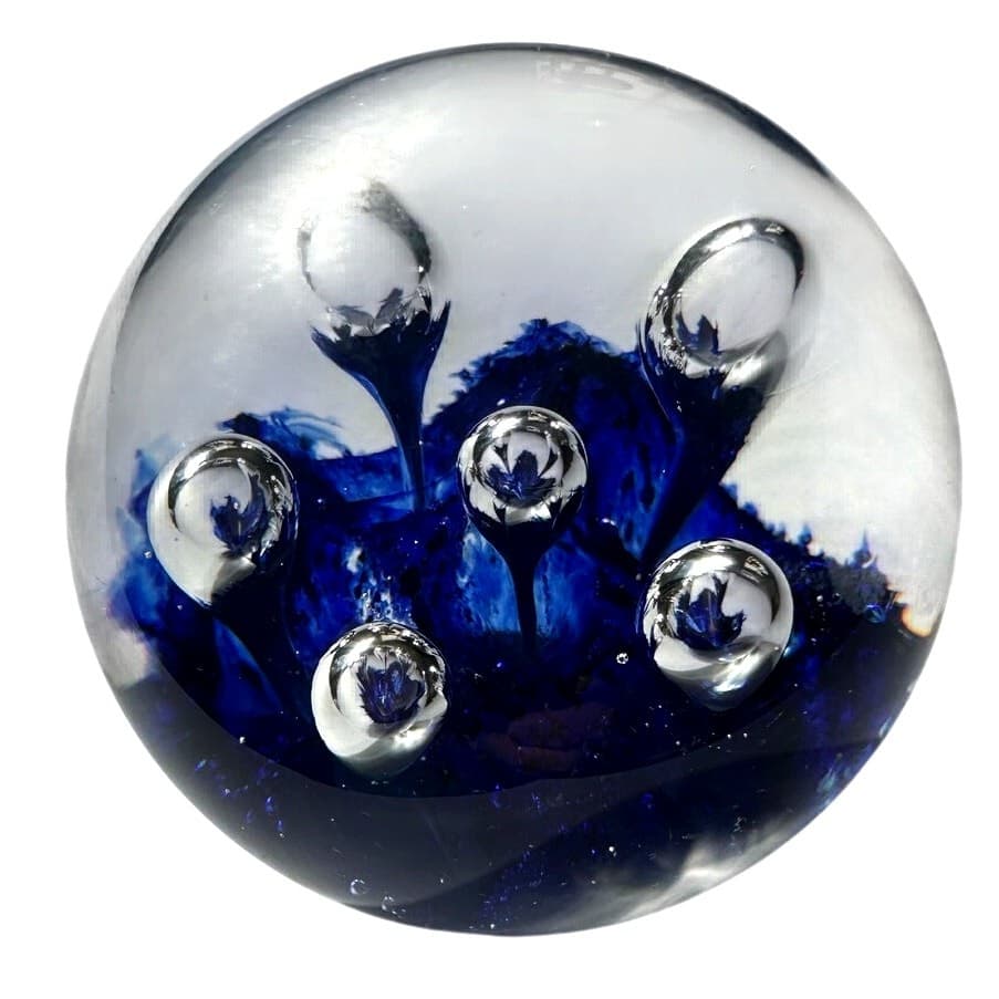 Murano Style Art Glass Paperweight Cobalt Blue Clear Glass Large Bubbles Decor - Thumbnail 2