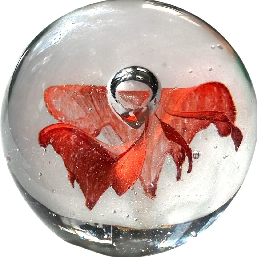 Murano Style Art Glass Paperweight Coral Butterfly Clear Glass Bubble Decor - Thumbnail 3