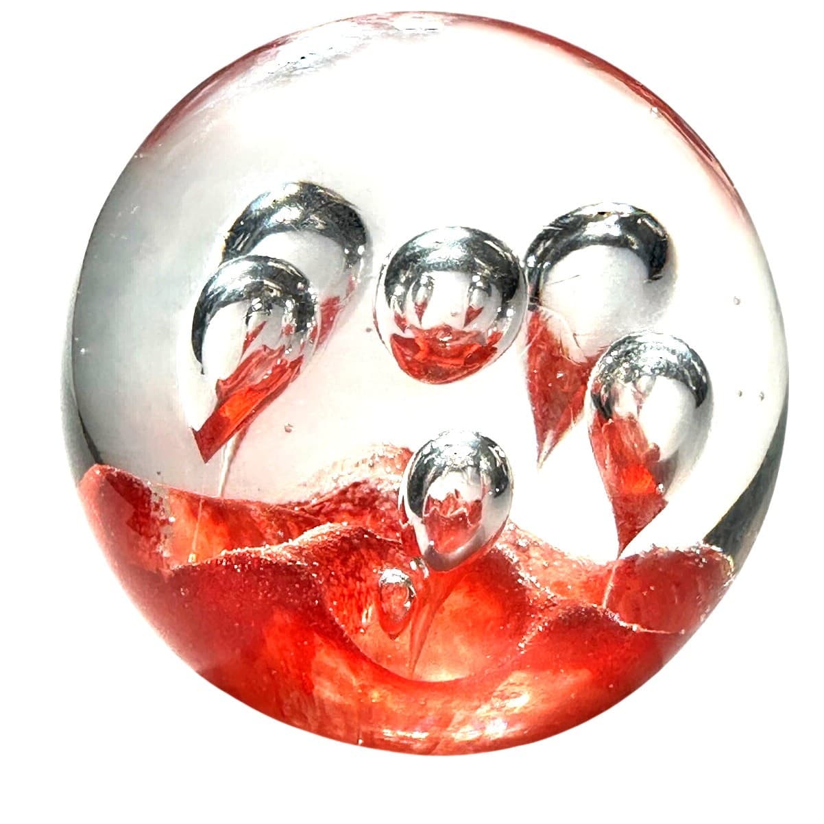 Murano Style Art Glass Paperweight Coral Orange Clear Glass Large Bubbles Design - Thumbnail 3