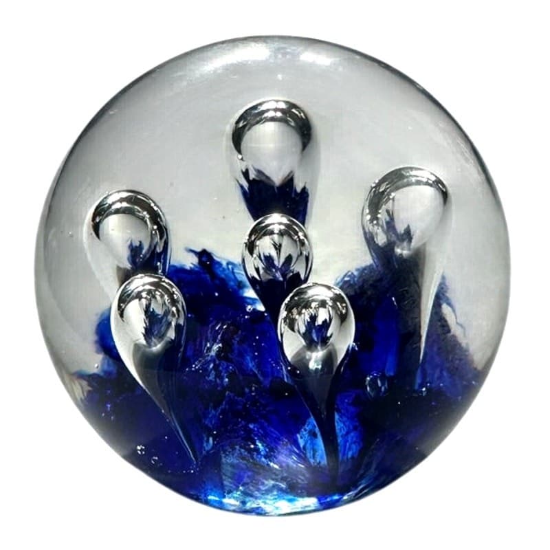 Murano Style Art Glass Paperweight Cobalt Blue Clear Glass Large Bubbles Decor - Thumbnail 3