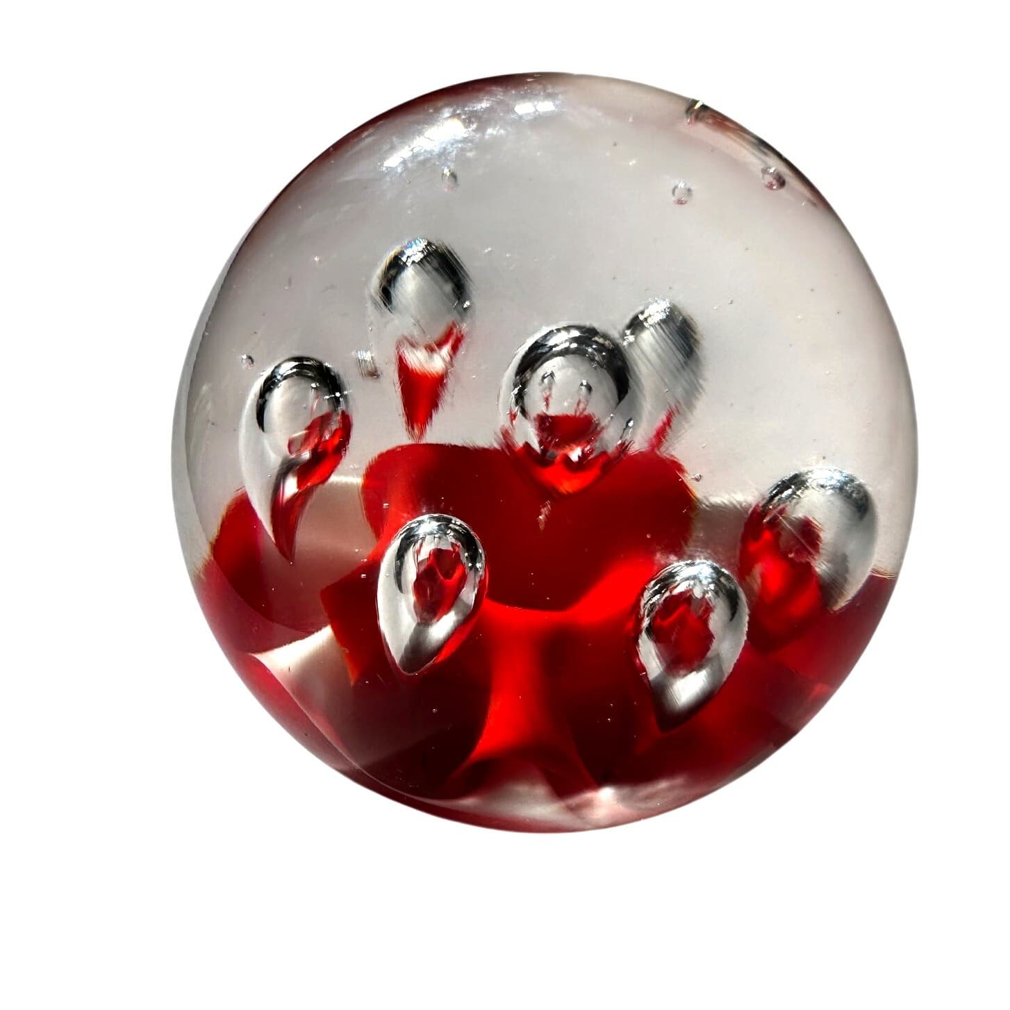Murano Style Art Glass Paperweight Coral Orange/White Clear Glass Large Bubbles - Thumbnail 3
