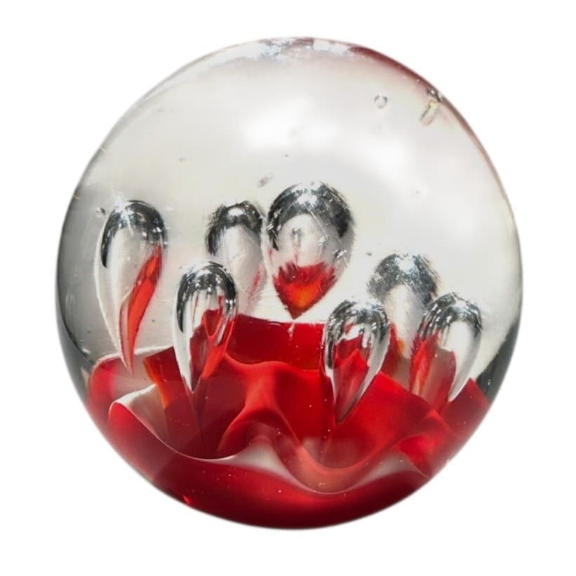 Murano Style Art Glass Paperweight Coral Orange/White Clear Glass Large Bubbles