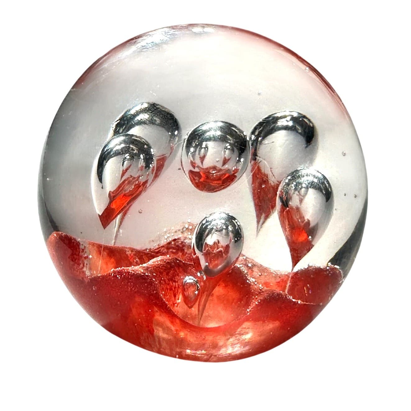 Murano Style Art Glass Paperweight Coral Orange Clear Glass Large Bubbles Design - Thumbnail 2