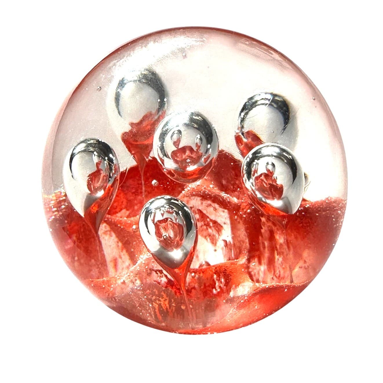 Murano Style Art Glass Paperweight Coral Orange Clear Glass Large Bubbles Design - Thumbnail 4