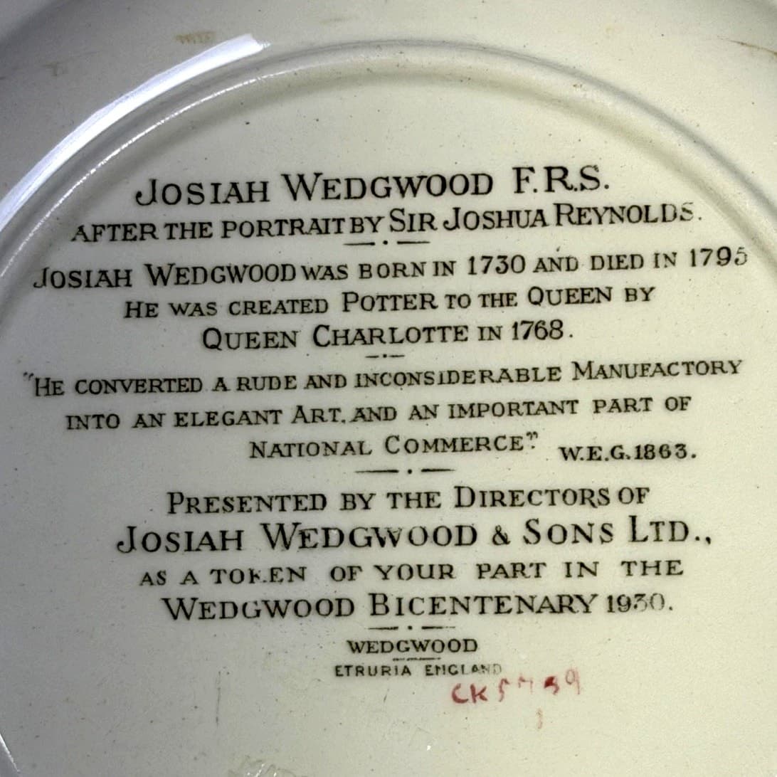 Antique 1930 Josiah Wedgwood Etruria England Creamware Commemorative Plate - Thumbnail 6