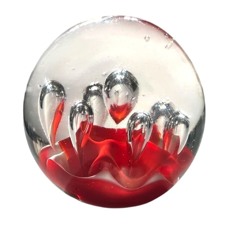 Murano Style Art Glass Paperweight Coral Orange/White Clear Glass Large Bubbles - Thumbnail 4