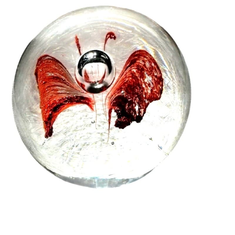 Murano Style Art Glass Paperweight Red Butterfly Clear Glass Bubble Decor - Thumbnail 2