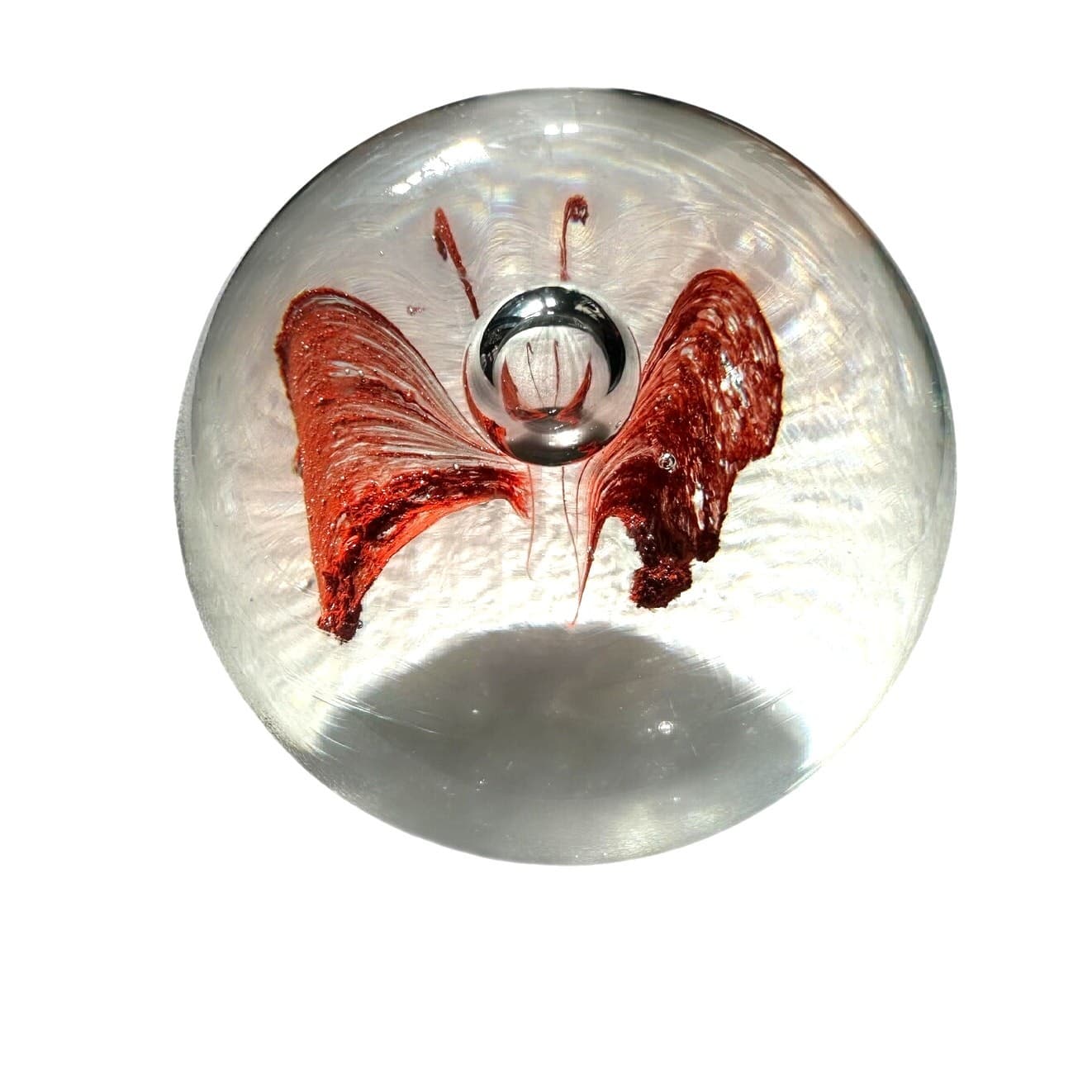 Murano Style Art Glass Paperweight Red Butterfly Clear Glass Bubble Decor - Thumbnail 4