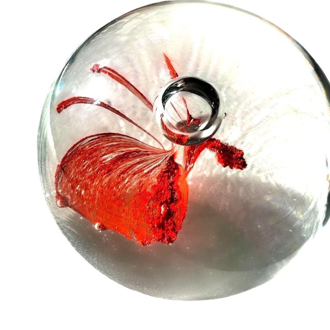 Murano Style Art Glass Paperweight Red Butterfly Clear Glass Bubble Decor
