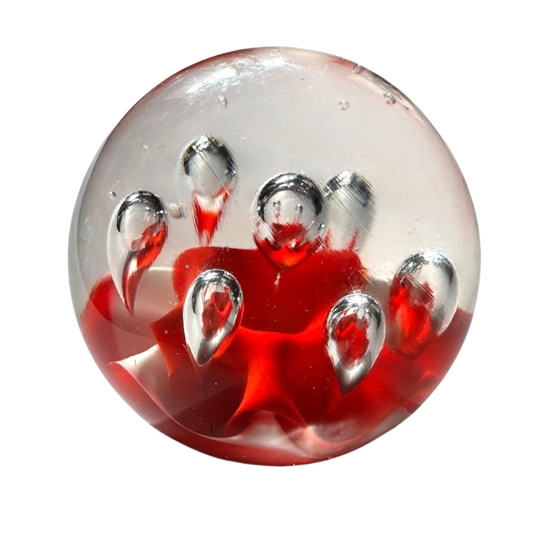 Murano Style Art Glass Paperweight Coral Orange/White Clear Glass Large Bubbles - Thumbnail 2