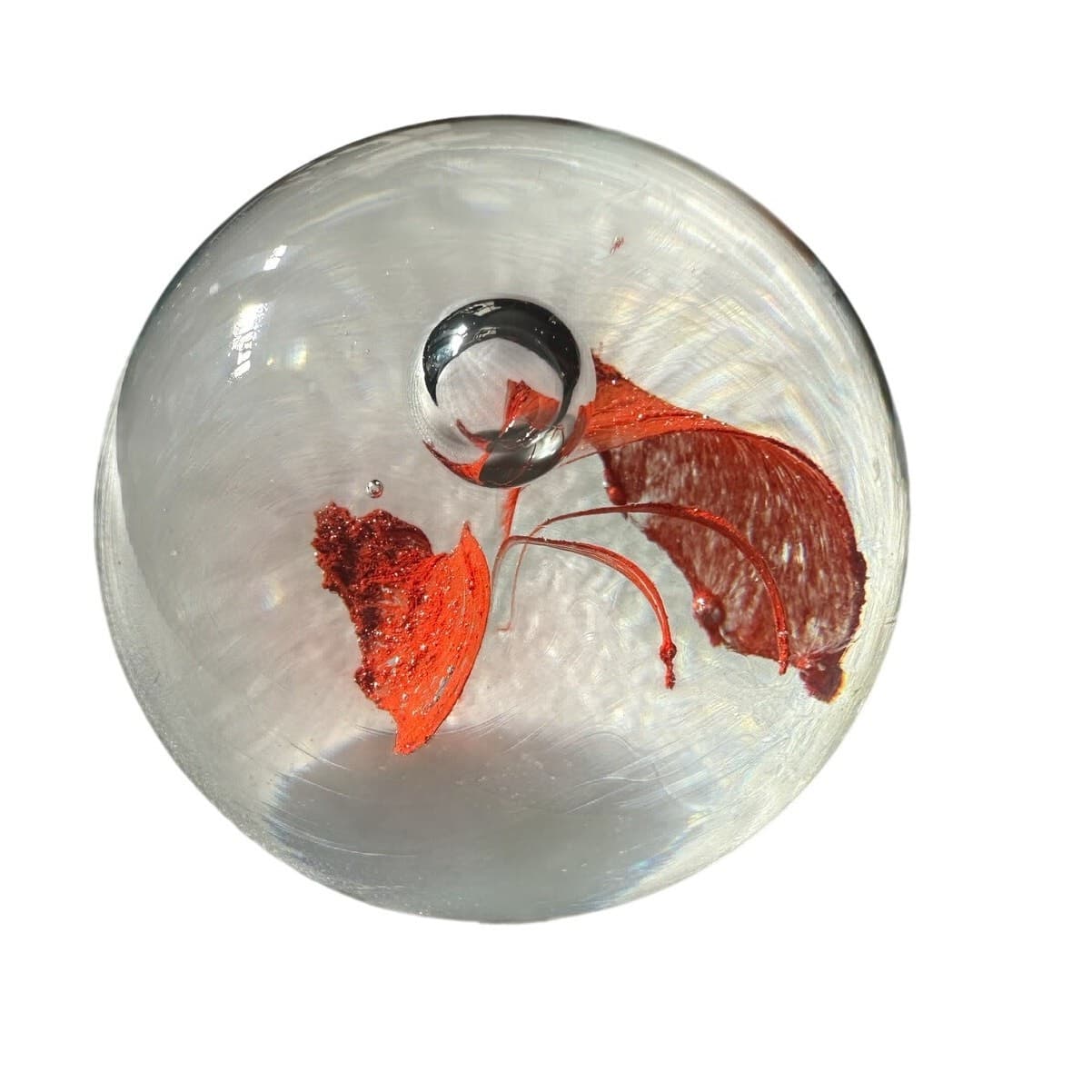 Murano Style Art Glass Paperweight Red Butterfly Clear Glass Bubble Decor - Thumbnail 3