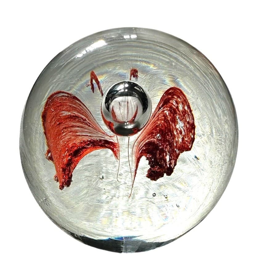 Murano Style Art Glass Paperweight Red Butterfly Clear Glass Bubble Decor - Thumbnail 5