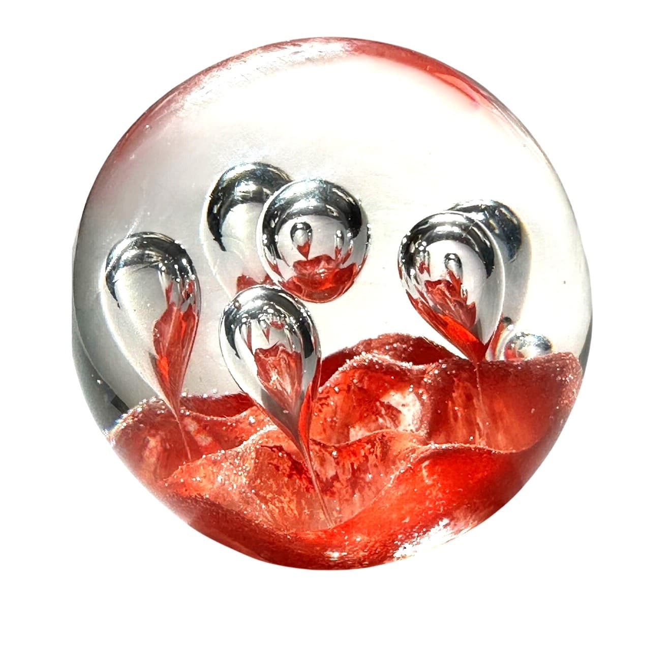 Murano Style Art Glass Paperweight Coral Orange Clear Glass Large Bubbles Design