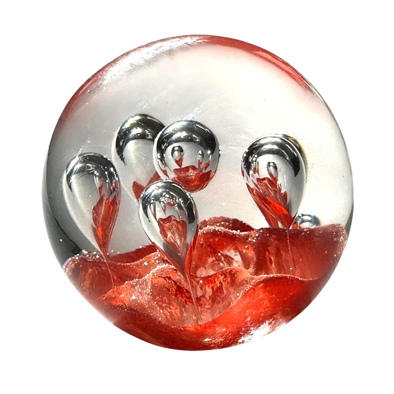 Murano Style Art Glass Paperweight Coral Orange Clear Glass Large Bubbles Design - Thumbnail 5