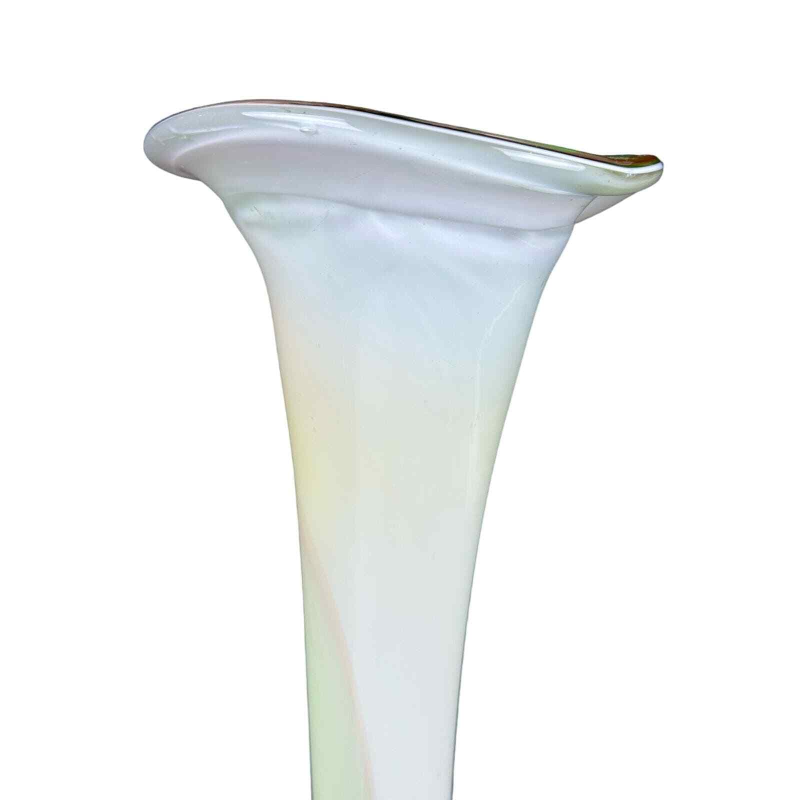 Tulip Glass Vase-Stunning Green White Orange Design 15.5" Vintage Hand blown - Thumbnail 7
