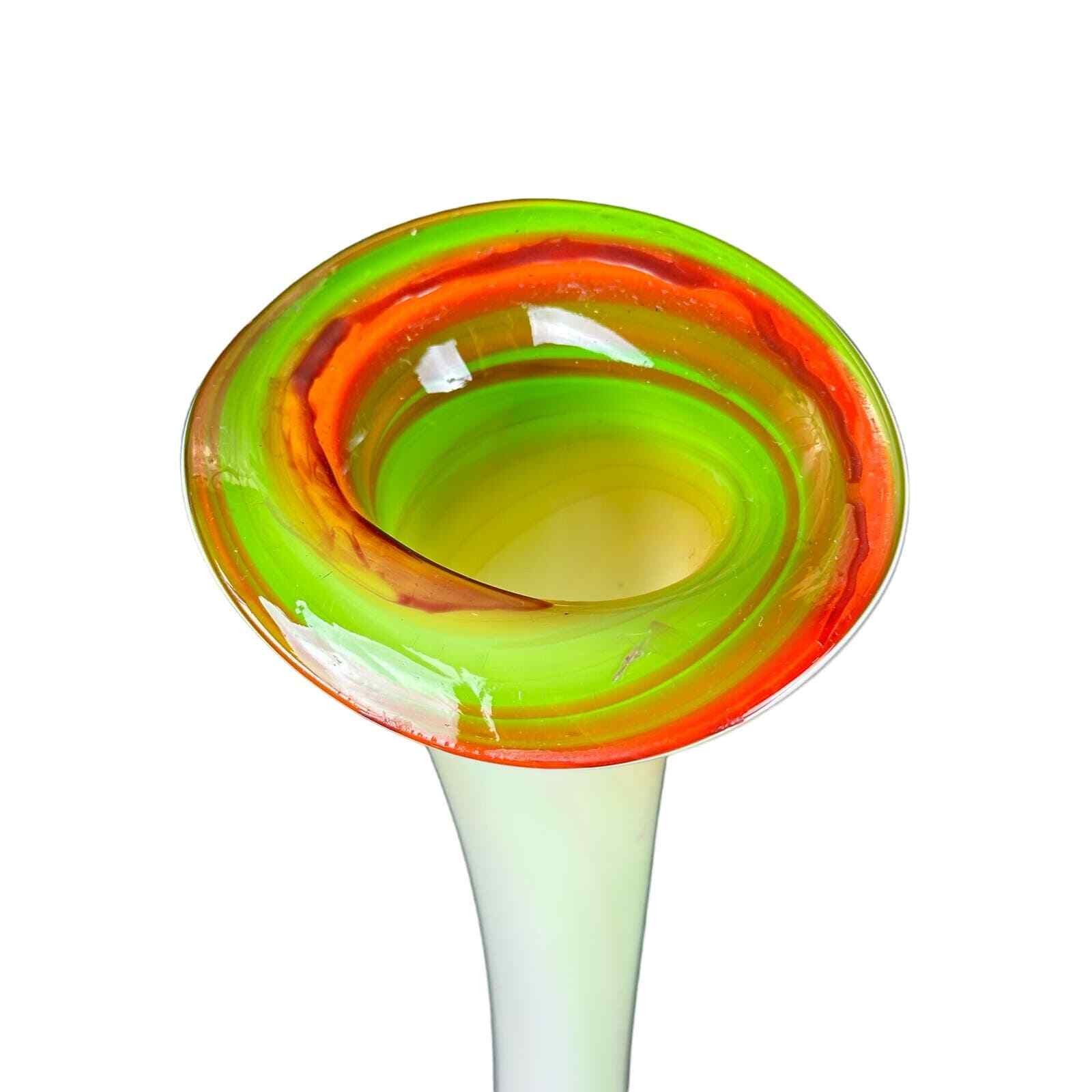 Tulip Glass Vase-Stunning Green White Orange Design 15.5" Vintage Hand blown - Thumbnail 2