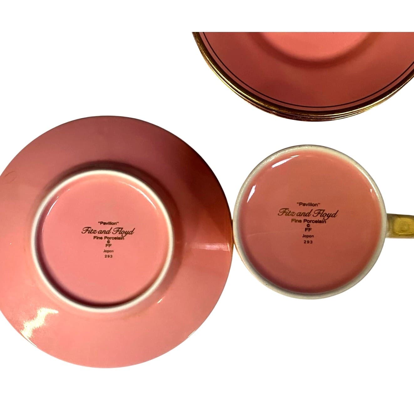 Fitz & Floyd Rare Pavillion Peach Coral Retired 1987-1988 1 Mug and 4 Saucers - Thumbnail 4