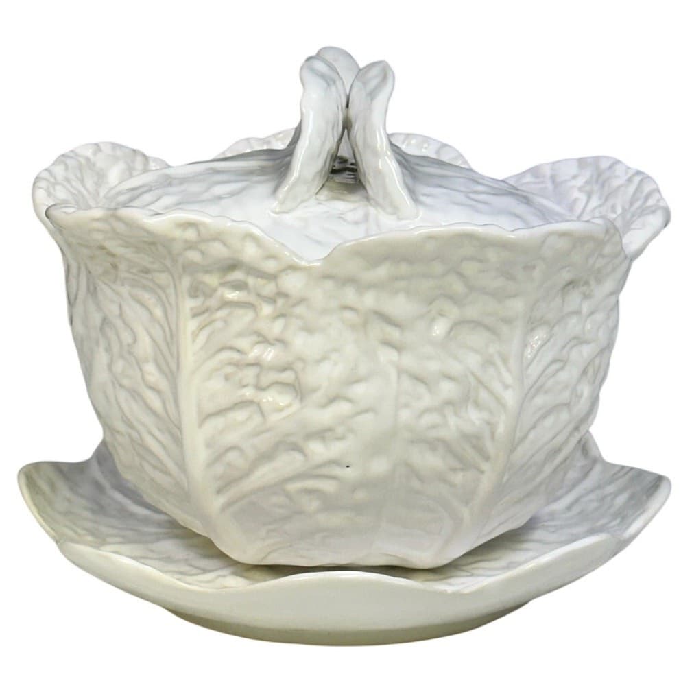 'Knobler' Majolica Portugal White Cabbage Covered Soup Tureen Underplate Ladle - Thumbnail 4