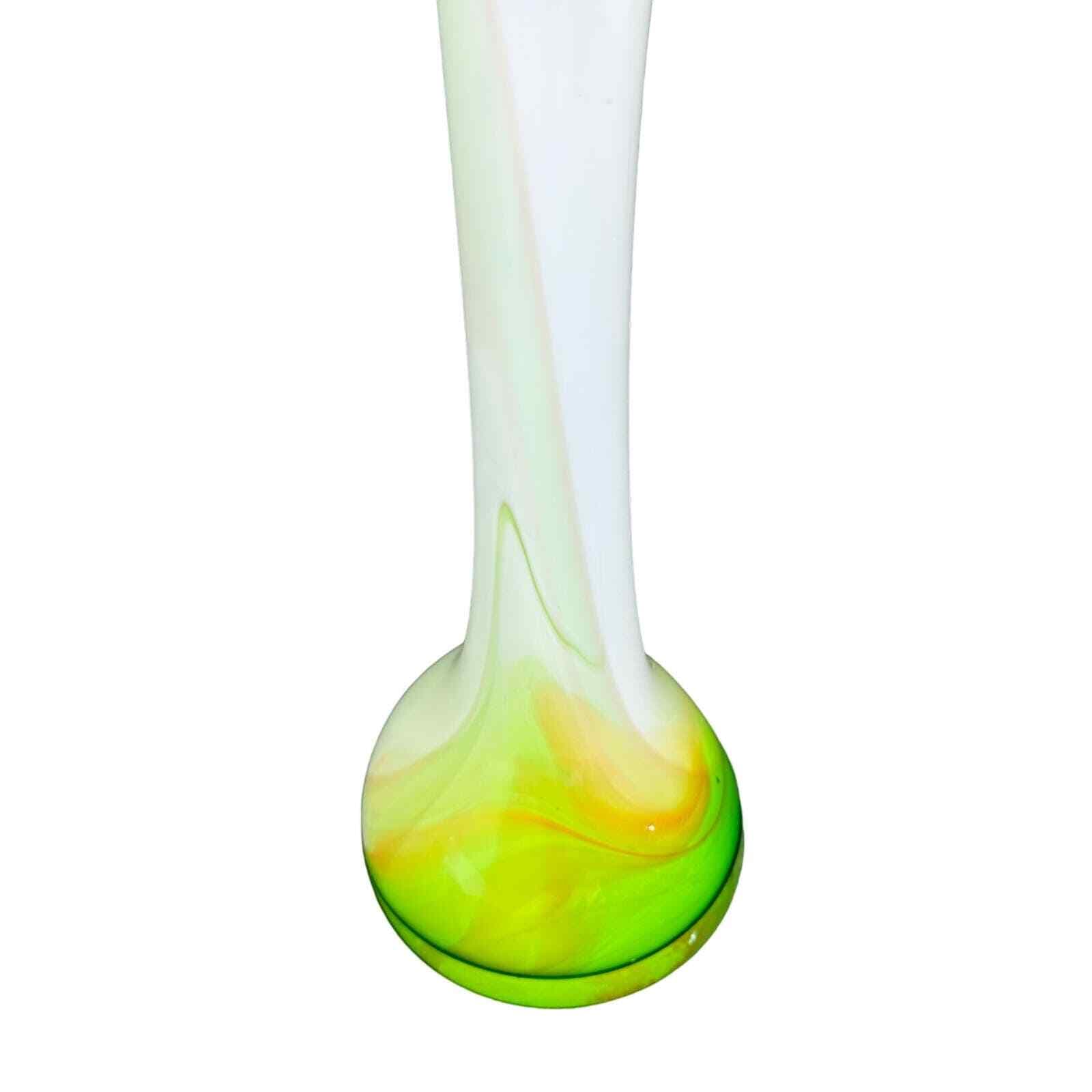 Tulip Glass Vase-Stunning Green White Orange Design 15.5" Vintage Hand blown - Thumbnail 6