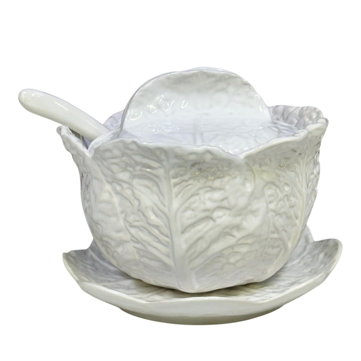 'Knobler' Majolica Portugal White Cabbage Covered Soup Tureen Underplate Ladle - Thumbnail 3