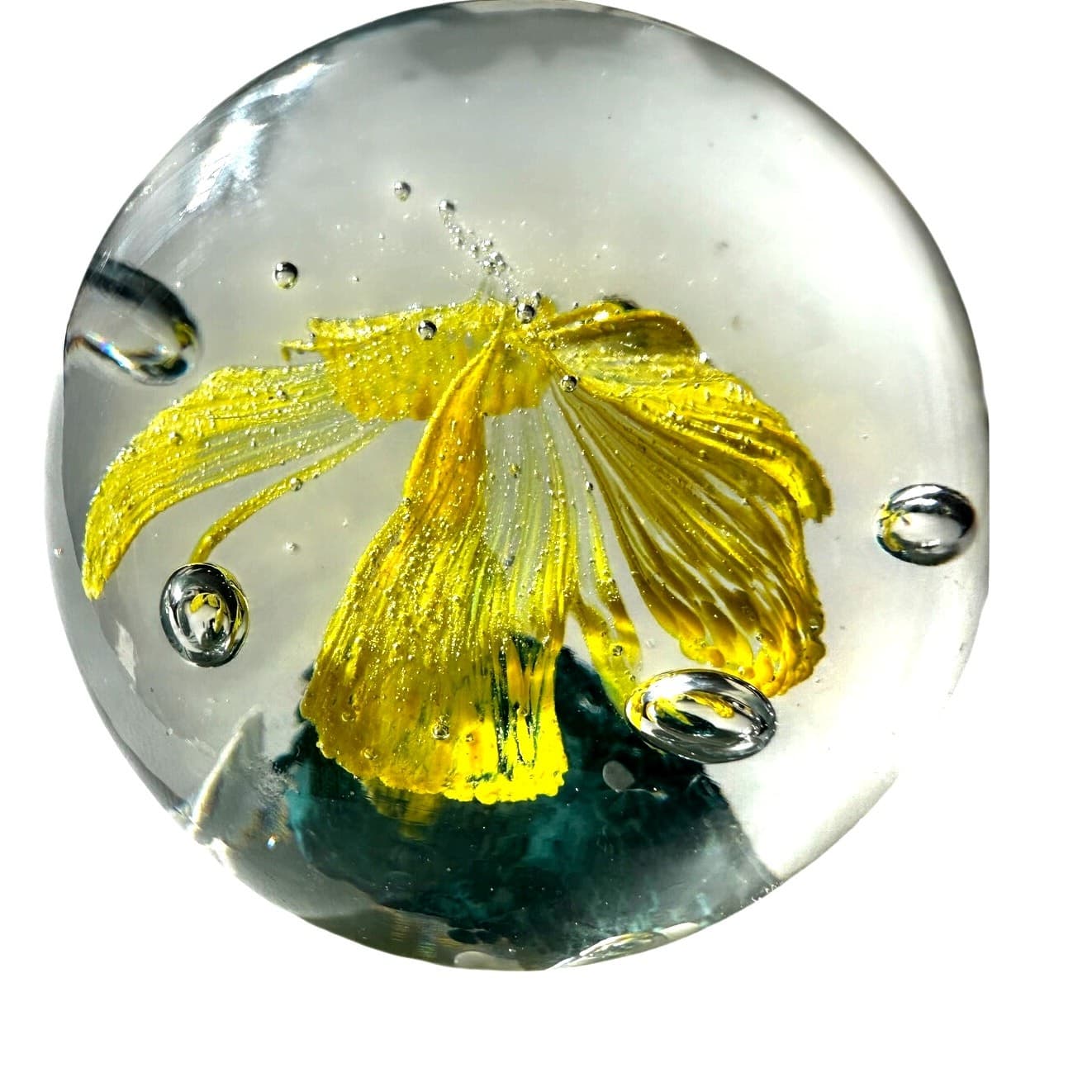 Murano Style Art Glass Paperweight Yellow Palm Tree Clear Glass Bubble Design - Thumbnail 4