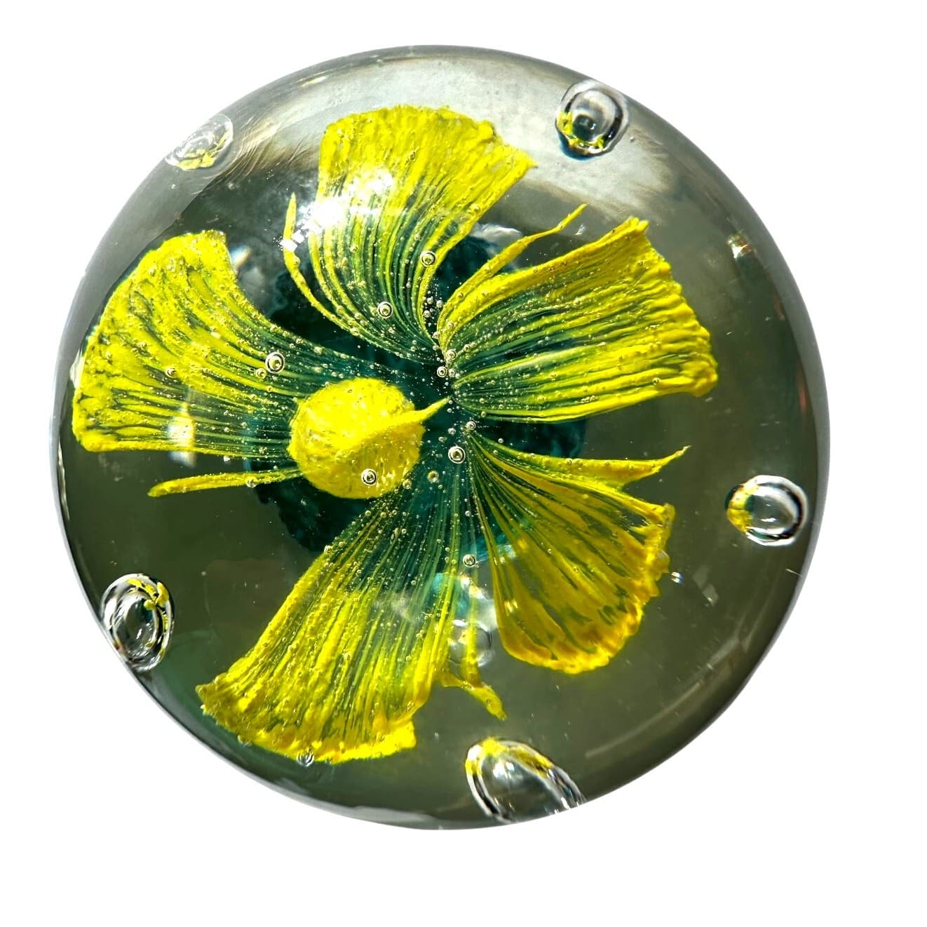 Murano Style Art Glass Paperweight Yellow Palm Tree Clear Glass Bubble Design - Thumbnail 5