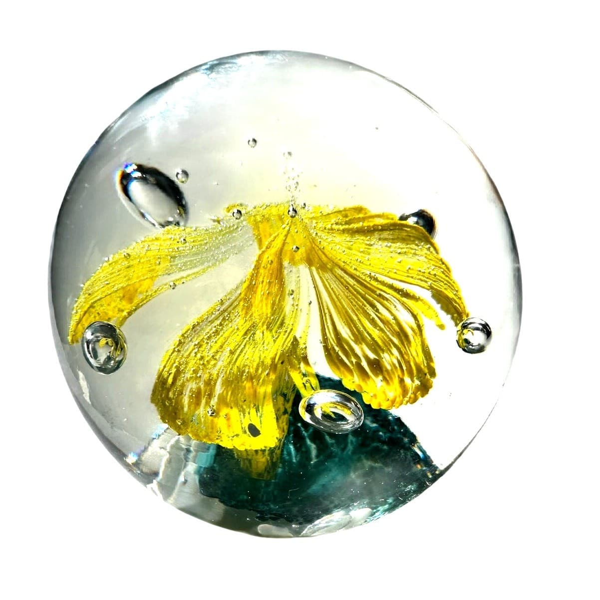 Murano Style Art Glass Paperweight Yellow Palm Tree Clear Glass Bubble Design - Thumbnail 2