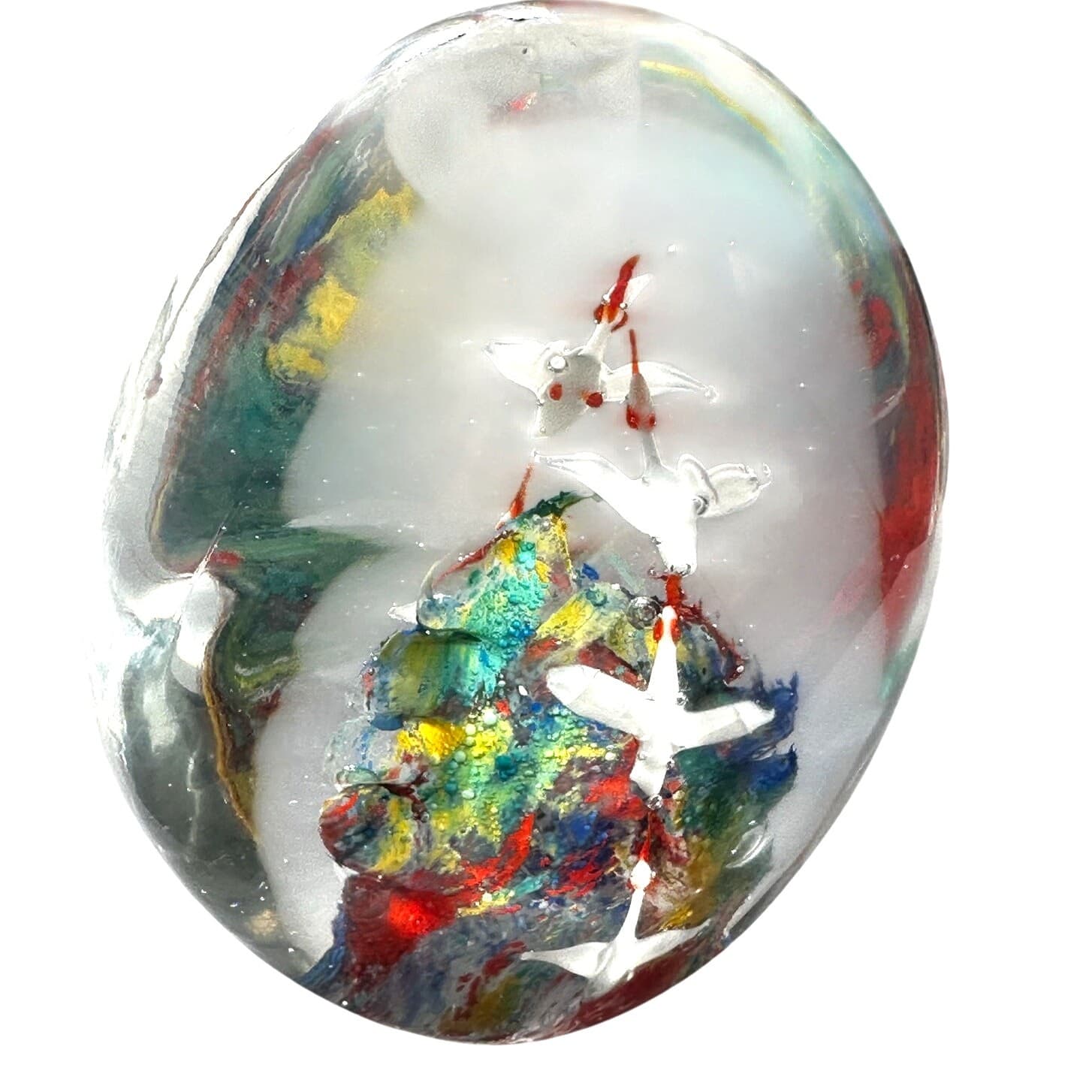 Murano Style Art Glass Paperweight Large Vibrant Colors White Birds in Flight - Thumbnail 4