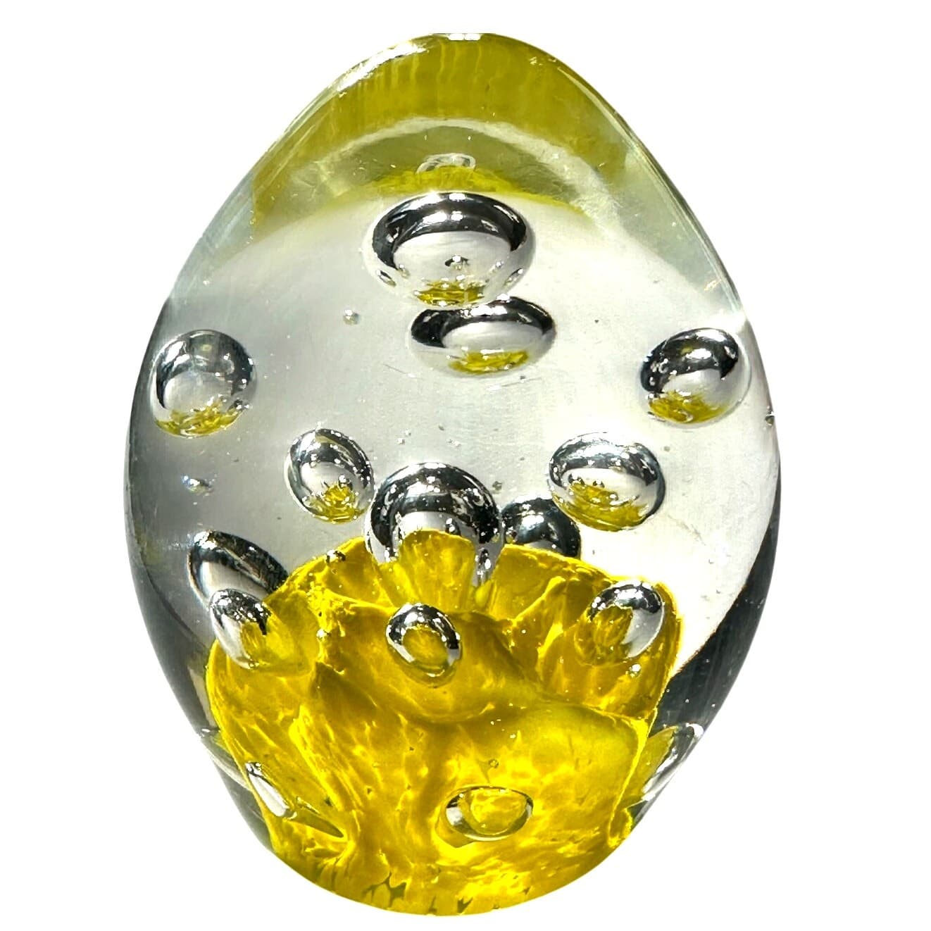 Murano Style Art Glass Paperweight Large Yellow Flower Base Glass Bubbles Design - Thumbnail 3