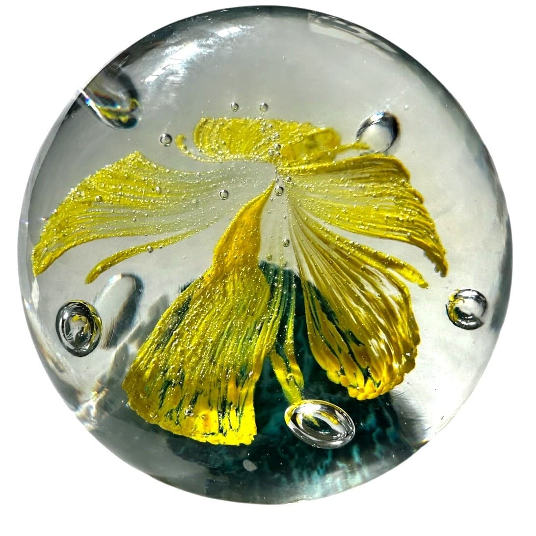 Murano Style Art Glass Paperweight Yellow Palm Tree Clear Glass Bubble Design - Thumbnail 3