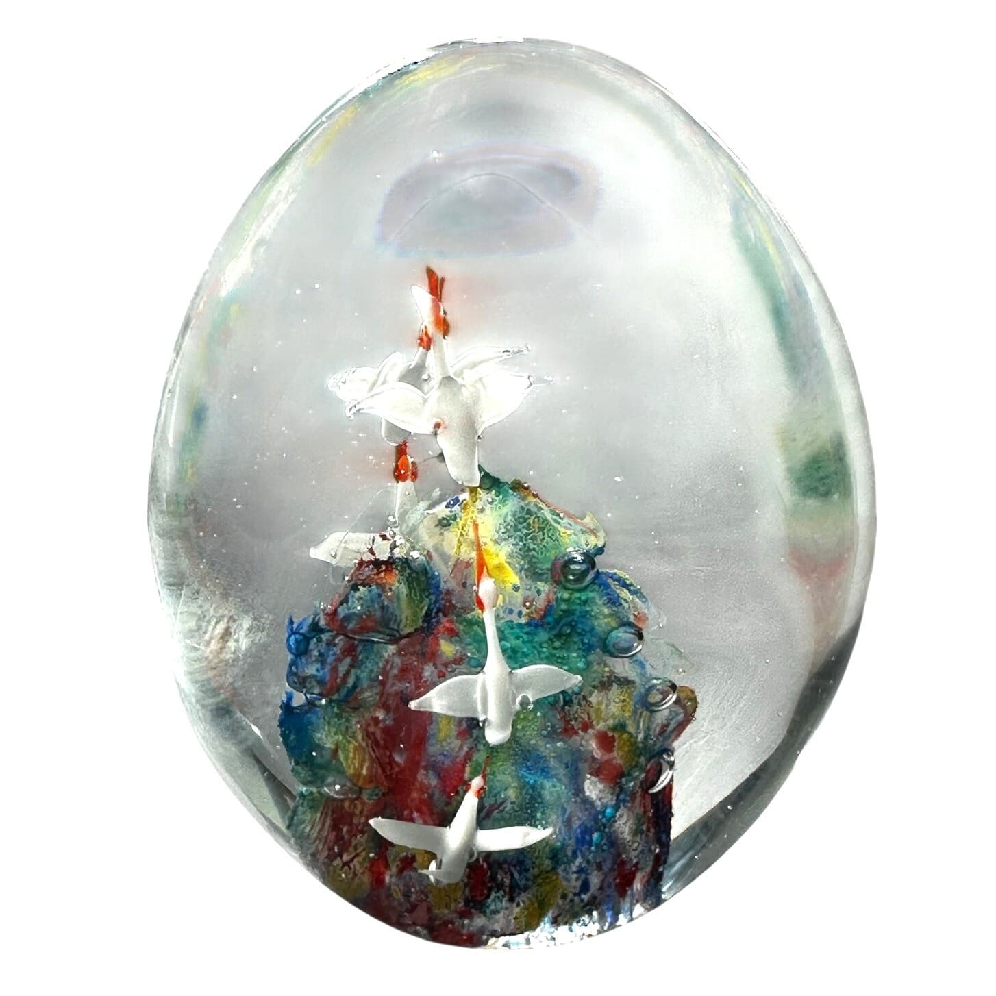 Murano Style Art Glass Paperweight Large Vibrant Colors White Birds in Flight - Thumbnail 6