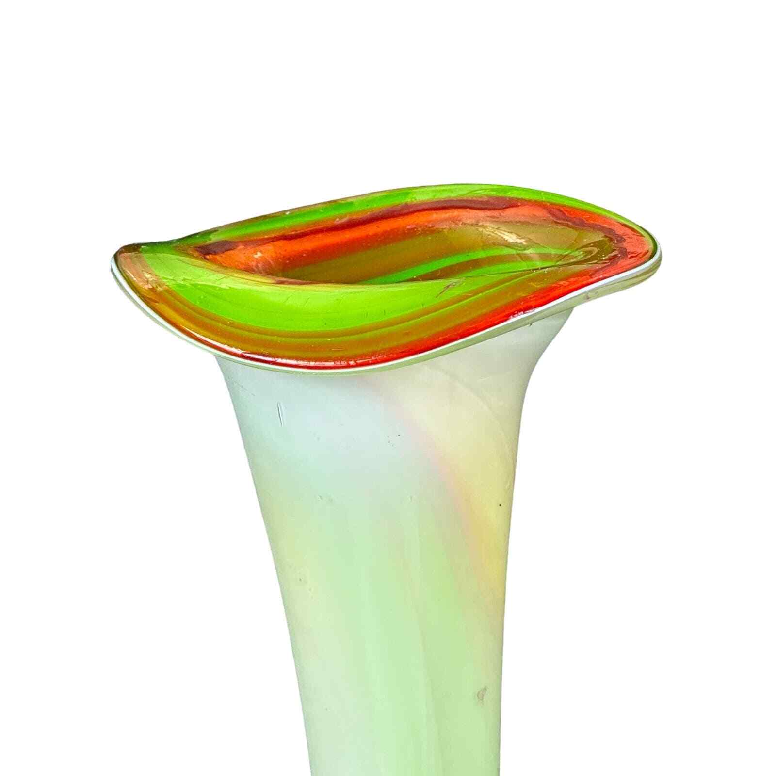 Tulip Glass Vase-Stunning Green White Orange Design 15.5" Vintage Hand blown - Thumbnail 4