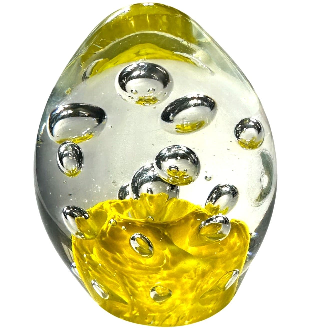 Murano Style Art Glass Paperweight Large Yellow Flower Base Glass Bubbles Design - Thumbnail 2