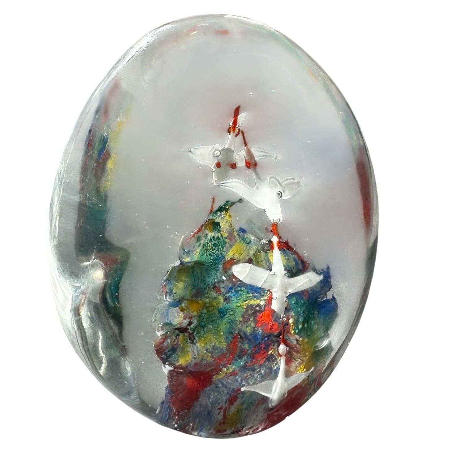 Murano Style Art Glass Paperweight Large Vibrant Colors White Birds in Flight - Thumbnail 7