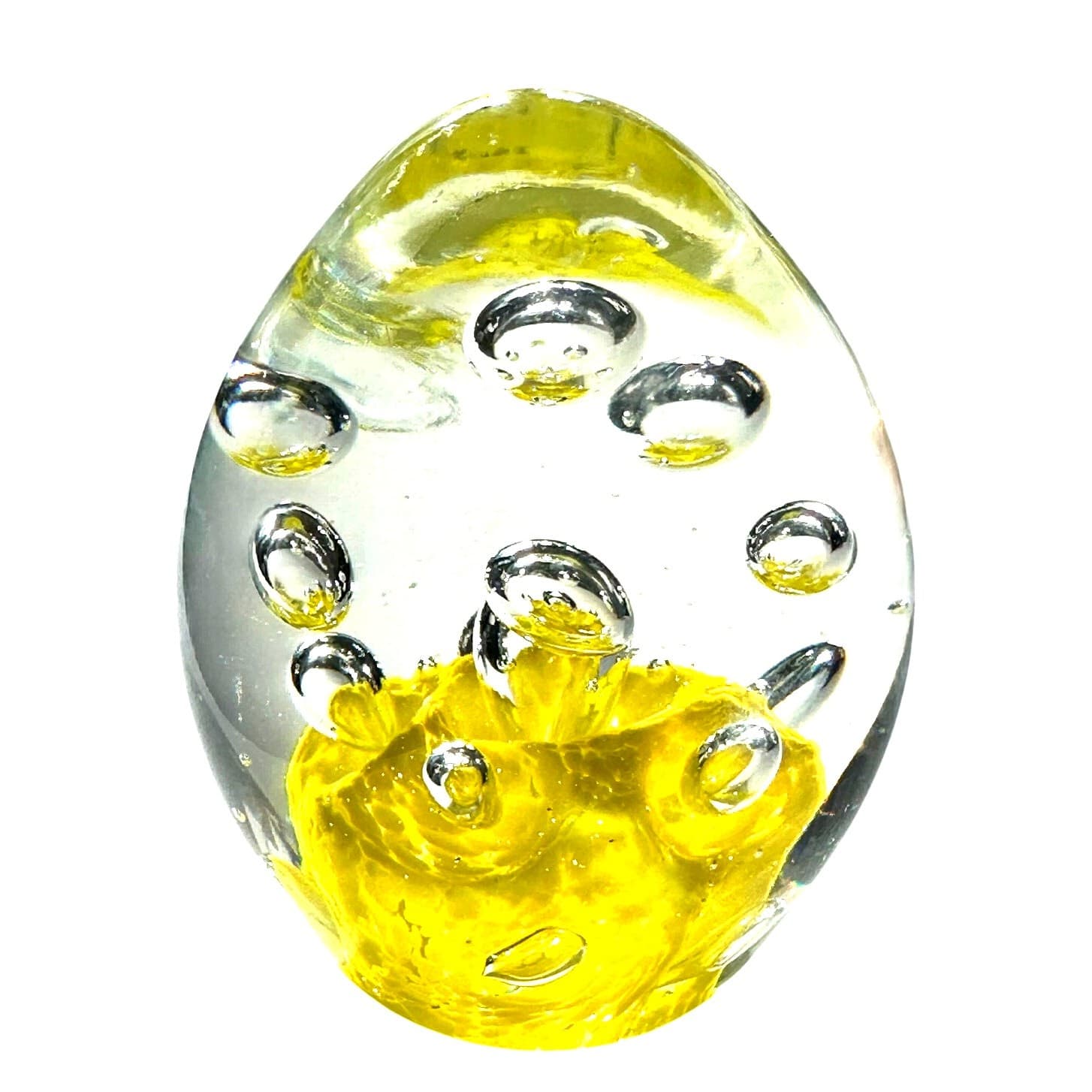 Murano Style Art Glass Paperweight Large Yellow Flower Base Glass Bubbles Design - Thumbnail 4