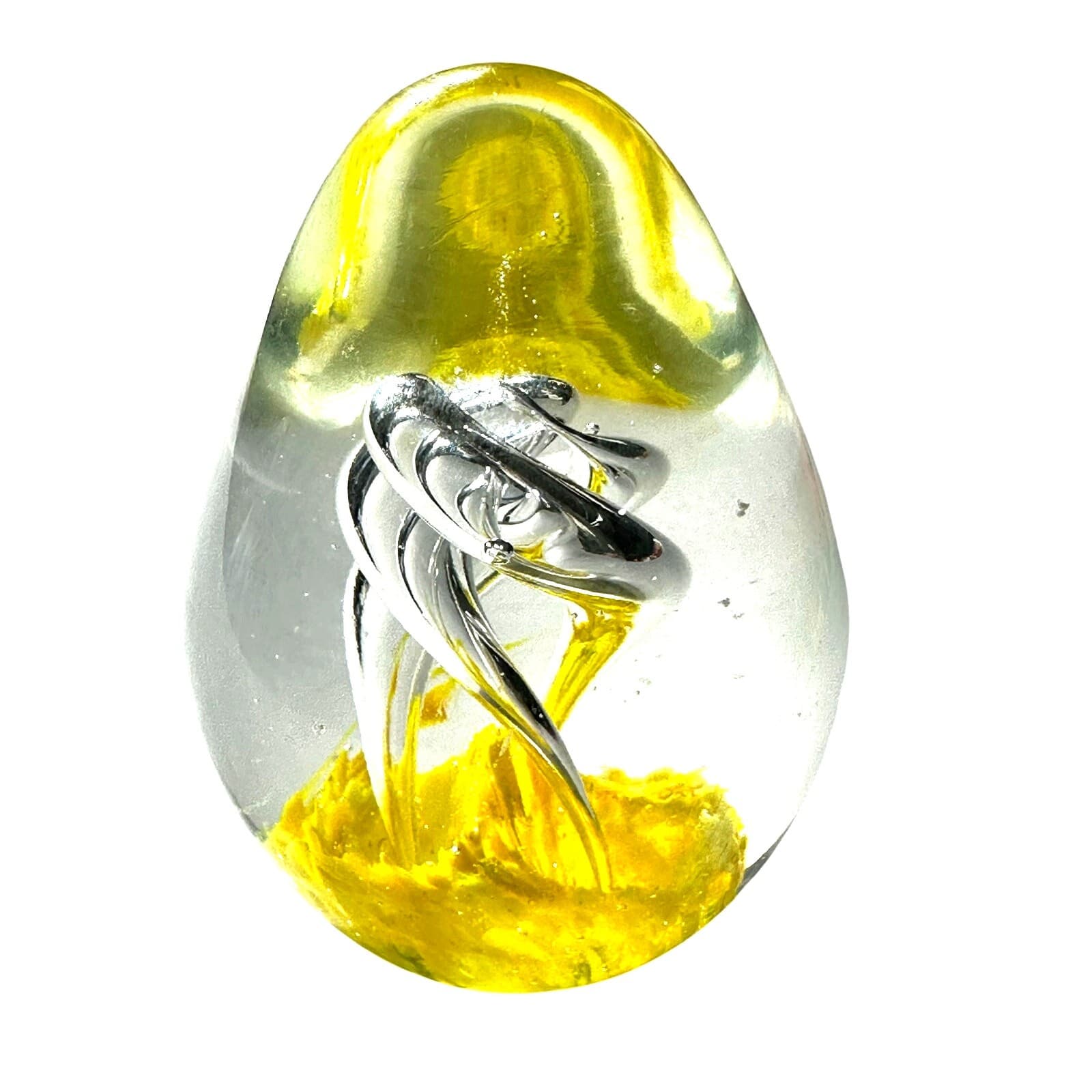 Murano Style Art Glass Paperweight Yellow Swirl Clear Glass Bubble Design