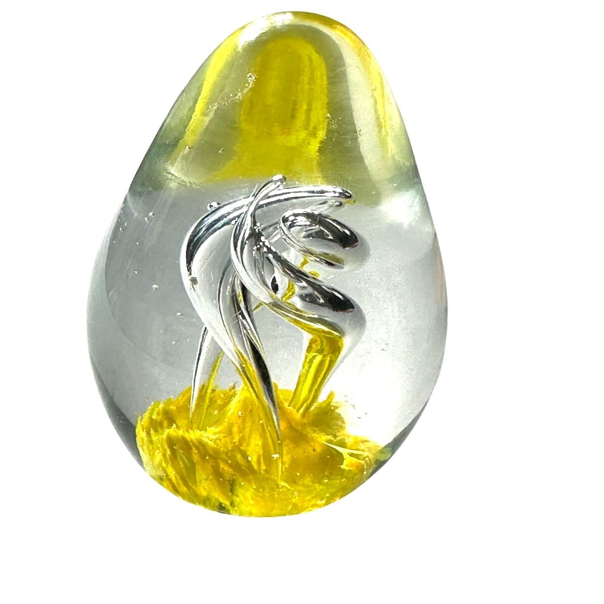 Murano Style Art Glass Paperweight Yellow Swirl Clear Glass Bubble Design - Thumbnail 2