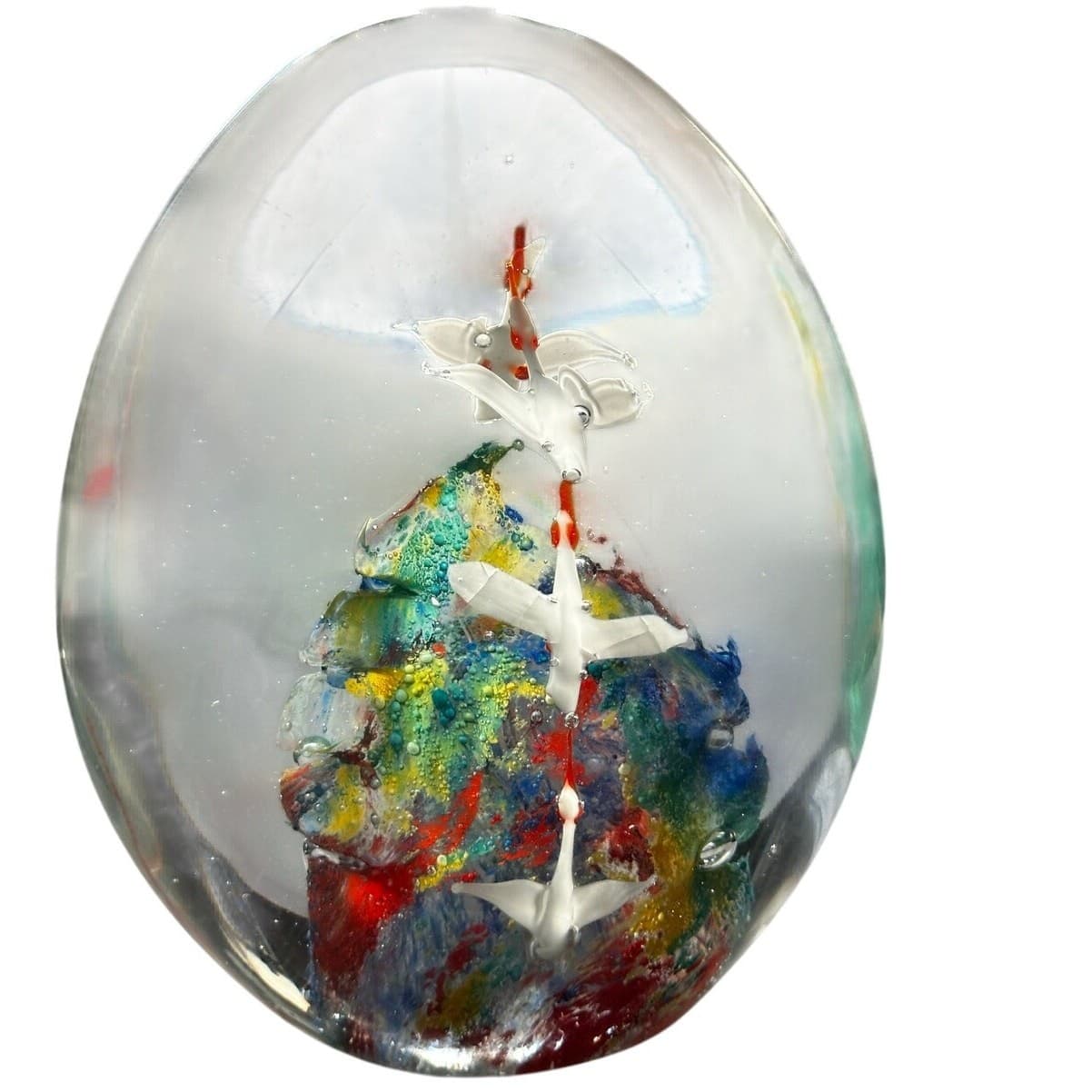 Murano Style Art Glass Paperweight Large Vibrant Colors White Birds in Flight - Thumbnail 3