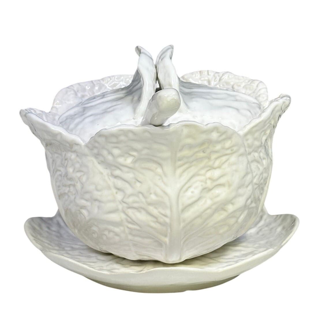 'Knobler' Majolica Portugal White Cabbage Covered Soup Tureen Underplate Ladle - Thumbnail 2