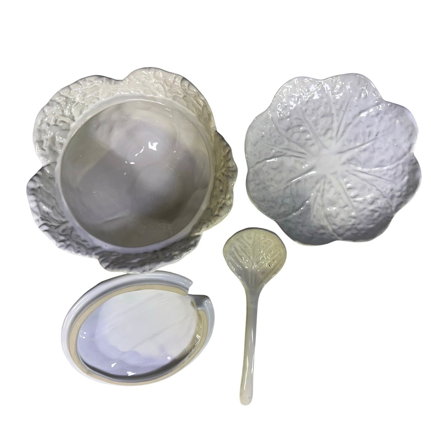 'Knobler' Majolica Portugal White Cabbage Covered Soup Tureen Underplate Ladle - Thumbnail 5