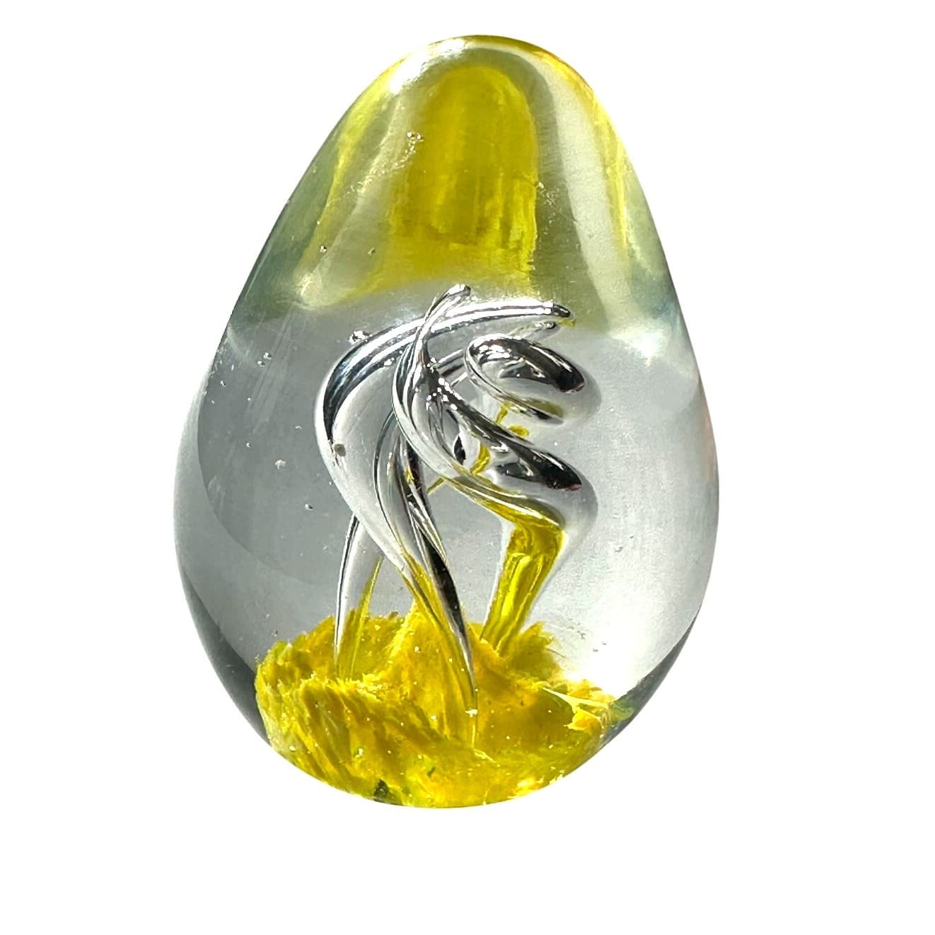 Murano Style Art Glass Paperweight Yellow Swirl Clear Glass Bubble Design - Thumbnail 3
