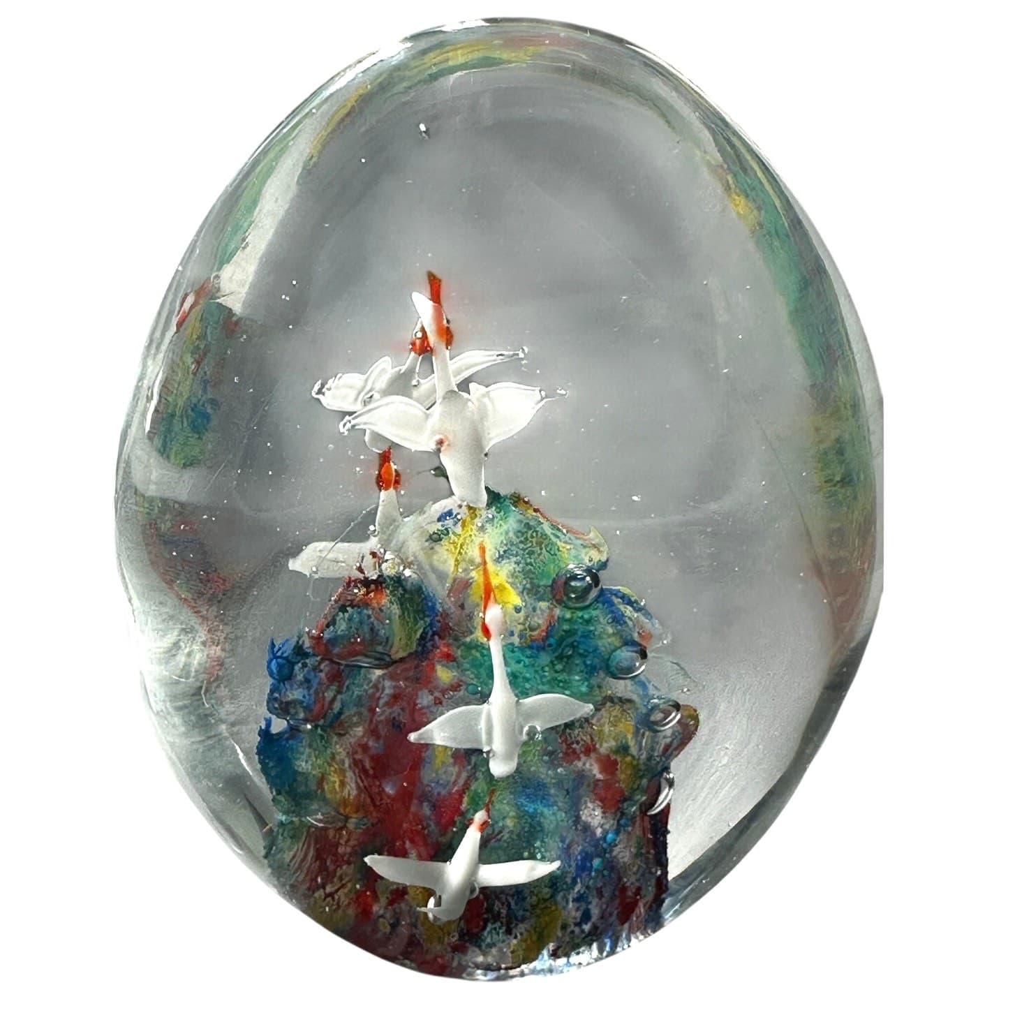 Murano Style Art Glass Paperweight Large Vibrant Colors White Birds in Flight - Thumbnail 9