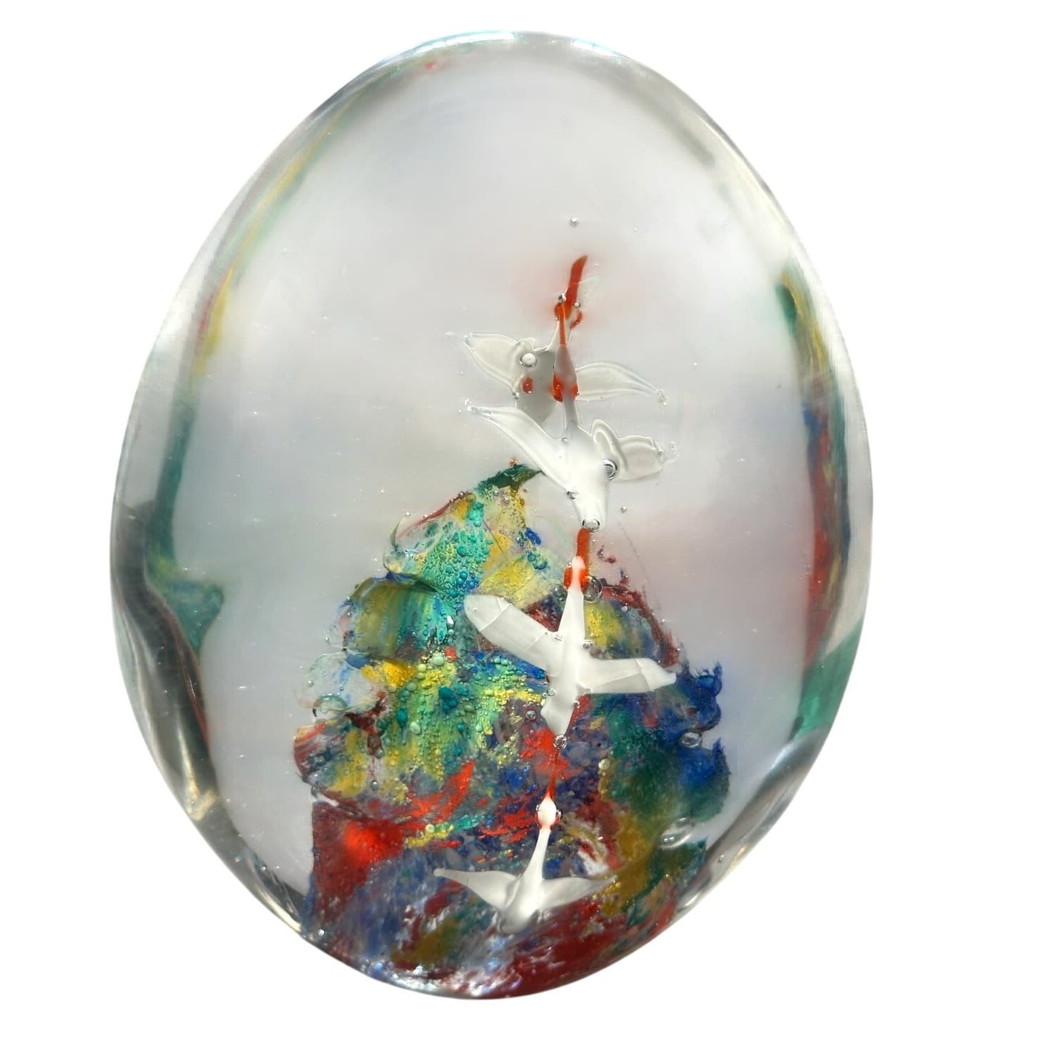 Murano Style Art Glass Paperweight Large Vibrant Colors White Birds in Flight - Thumbnail 2
