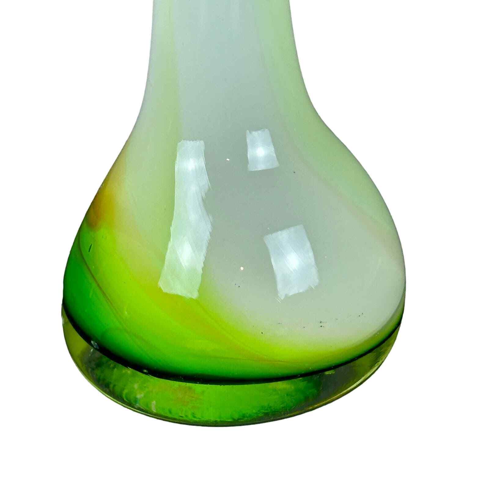 Tulip Glass Vase-Stunning Green White Orange Design 15.5" Vintage Hand blown - Thumbnail 3