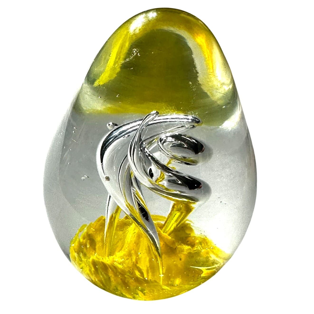 Murano Style Art Glass Paperweight Yellow Swirl Clear Glass Bubble Design - Thumbnail 4